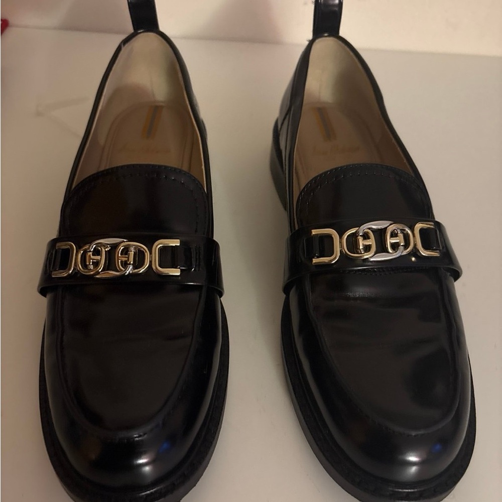 Sam Edelman Black Patent Loafers with Gold Chain Accent - Picture 2 of 5